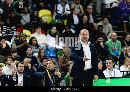 Joventut Badalona defeat London Lions in a tightly fought Eurocup game at the copper box arena, London on 17 January, 2024. Badalona's head coach Carles Duran smiles. copyright caroljmoir Stock Photo