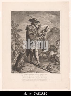 Musette player with puppetry, Jacques Dumont, 1739 print  print maker: Franceprint maker: Francepublisher: Paris paper etching / engraving bagpipe, musette. one person playing wind instrument. puppet and marionette show Stock Photo