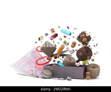 New sewing accessories 3d render on white Stock Photo