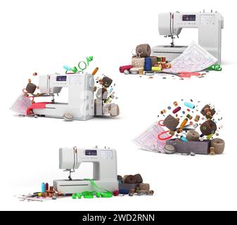 New sewing machine and accessories set 3d render on white Stock Photo