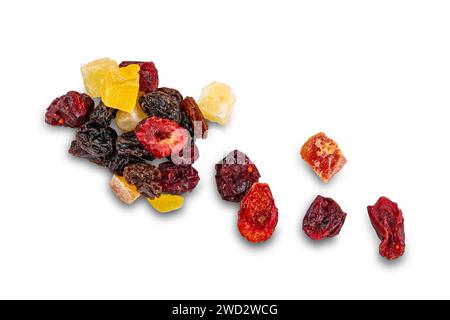 Top view of various dried tropical fruit isolated on white background with clipping path. Stock Photo