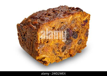 Closeup view of cut loaf homemade dark fruitcake isolated on white background with clipping path. Stock Photo