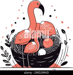 Flamingo bird in the nest. Hand drawn vector illustration. Stock Vector