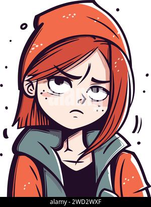 Sad woman in hoodie. Vector illustration in cartoon comic style. Stock Vector