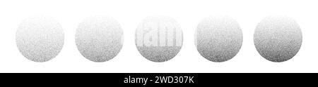 Gradient noise circles made of grains. Halftone round pattern elements of dots with a smooth gradation in tone from dark to light. Vector isolated illustration on white background. Stock Vector