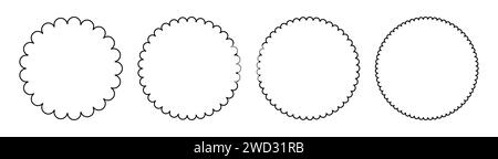 Scallop frames are round. Outline of circle different sized lace edges of element borders. Design vector collection isolated on white background. Stock Vector
