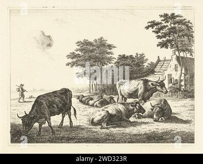 Cows and sheep lying in meadow for farm, Johannes van Cuylenburgh, 1820 print  Netherlands paper etching cow. sheep. farm or solitary house in landscape Stock Photo