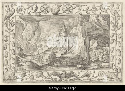 Lot and his daughters, Adriaen Collaert, After Hans Bol, 1582 - 1586 print Rock landscape with the burning cities of Sodom and Gomorra in the background. In the foreground the flight of Lot and his family. His wife has turned into a salt pillar. Right in the foreground Lot with his daughters, who drank him drunk. The print has an ornament list with flowers and animals. He is part of a four -legged -part series of landscapes with Biblical, mythological scenes and hunting scenes. Antwerp paper engraving Sodom and Gomorrah burning. Lot's wife looks back at the city and is transformed into a pilla Stock Photo