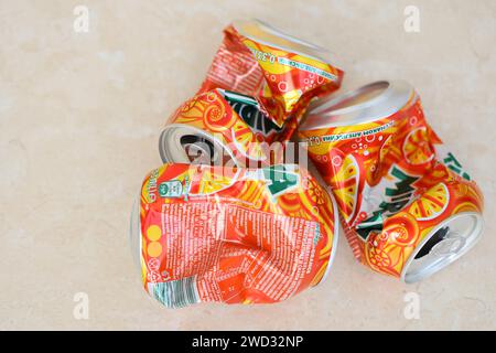 KYIV, UKRAINE - 4 MAY, 2023: Mirinda orange drink in orange citrus tin can with classic design and logo close up Stock Photo