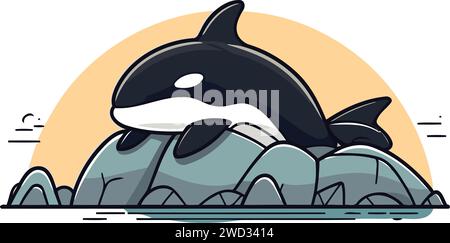 Cartoon killer whale on the rock. Vector illustration in flat style. Stock Vector