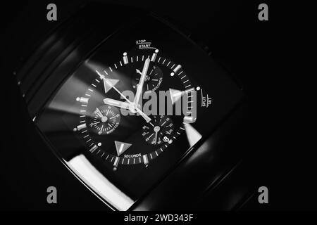 Wrist watch clock face, macro studio shot on black background Stock Photo