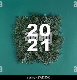 2021 made with green thuja branches. Minimal new year concept. Flat lay. Stock Photo