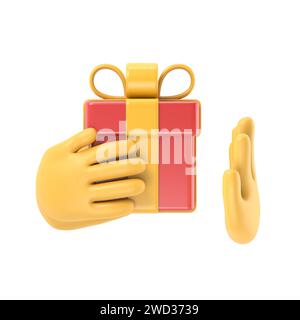 Refusal of gift. No corruption concept. Rejecting proposal. Man holding in hand gift box with ribbon. Gesture rejects the proposal. 3D rendering on wh Stock Photo