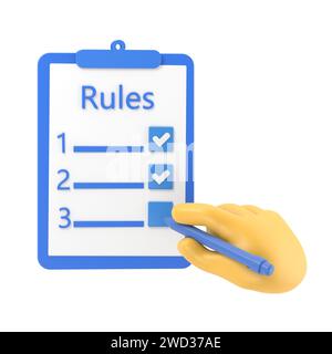 Rules concept. Businessman holding in hand clipboard with regulations. Checklist with requirements. Rule list on blank.3D rendering on white backgroun Stock Photo