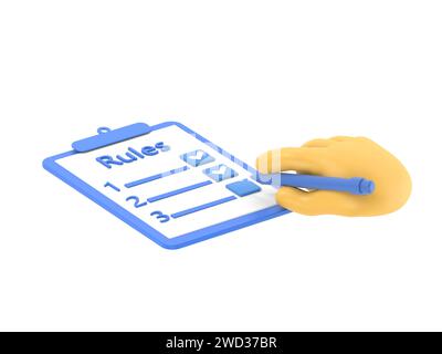 Rules concept. Businessman holding in hand clipboard with regulations. Checklist with requirements. Rule list on blank.3D rendering on white backgroun Stock Photo