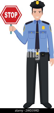 Standing American Policewoman Officer with Warning Sign Stop in ...