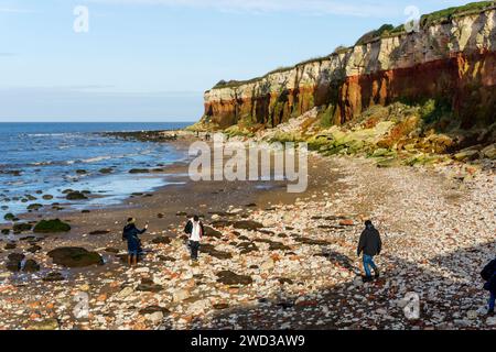 The famous red & white striped cliffs at the east coast seaside town of Hunstanton in Norfolk. Stock Photo