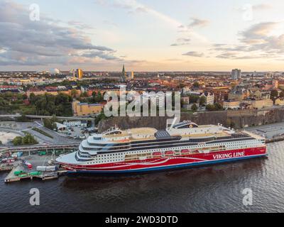 Viking line Cruise ship docked in Stockholm awaiting departure for finland, seen from above, the Ericsson Globe in the background, södermalm district. Stock Photo