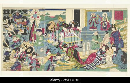 The seven happiness gods in the cultivation of silkupsen, Utagawa Yoshiiku, 1875 print Women during different stages in the breeding process of Zijderupsen; In the background the seven Japanese lucky gods. Silk was an important export product for Japan and the cultivation of the sideups during this period an important part of the economy. Japan paper color woodcut textile industry and clothing industry Stock Photo
