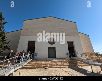 The Memorial church of Moses and the old portal of the monastery at Mount Nebo, cross and beautiful panorama views from Mt Nebo,Jordan Stock Photo