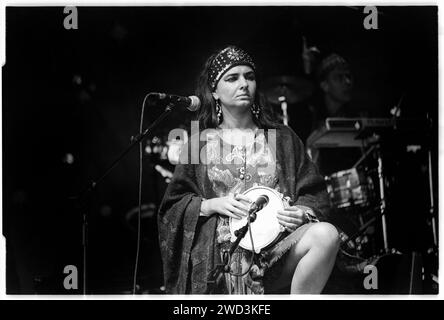 Natasha Atlas of Transglobal underground on the NME Stage at Glastonbury Festival, Pilton, England, on 25 June 1994. Photo: ROB WATKINS. INFO: Transglobal Underground, a British world fusion and electronic band formed in the early '90s, pioneered a global sound. Fusing traditional instruments with modern beats, albums like 'Dream of 100 Nations' established them as trailblazers in the world music and electronic genres. Stock Photo