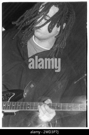 Adam Franklin of Swervedriver playing live at Bristol University Anson Rooms, Bristol, England on 27 October 1993. Photo: Rob Watkins. INFO: Swervedriver, a British alternative rock band formed in 1989, is known for their shoegaze and dream-pop influences. Albums like 'Raise' and 'Mezcal Head' showcased their swirling guitar sound and dynamic songwriting, making them influential figures in the alternative music scene. Stock Photo