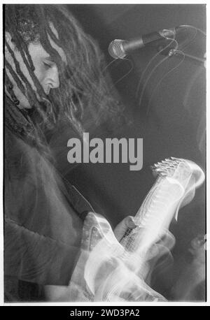 Adam Franklin of Swervedriver playing live at Bristol University Anson Rooms, Bristol, England on 27 October 1993. Photo: Rob Watkins. INFO: Swervedriver, a British alternative rock band formed in 1989, is known for their shoegaze and dream-pop influences. Albums like 'Raise' and 'Mezcal Head' showcased their swirling guitar sound and dynamic songwriting, making them influential figures in the alternative music scene. Stock Photo