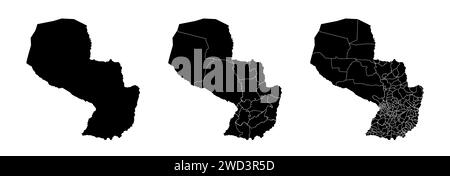 Set of state maps of Paraguay with regions and municipalities division. Department borders, isolated vector maps on white background. Stock Vector