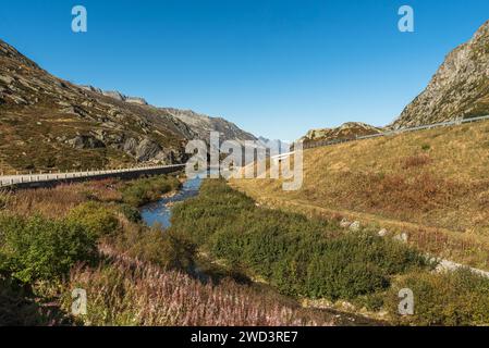 Mountain landscape at the Gotthard Pass, view of the old pass road, Canton of Ticino, Switzerland Stock Photo