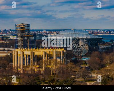 An aerial view of Arthur Ashe tennis stadium, the Pavilion and the Unisphere in Flushing, Queens, NY Stock Photo