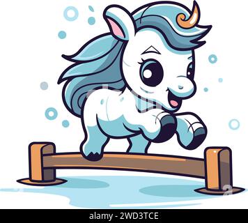 Cute cartoon unicorn jumping over a hurdle. Vector clip art. Stock Vector