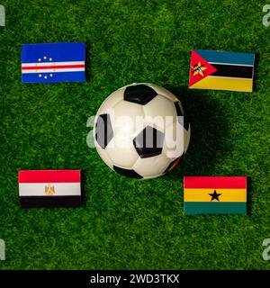 Flags of the teams participating in Group B of the 2024 African Cup of Nations. Cape Verde, Mozambique, Egypt, Ghana Stock Photo