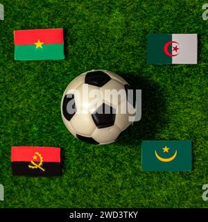 Flags of the teams participating in Group D of the 2024 African Cup of Nations.  Burkina Faso, Algeria, Angola, Mauritania. Stock Photo