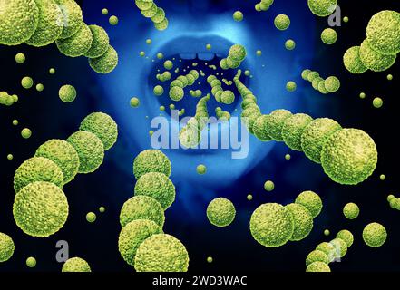 Streptococcus oral Bacteria and Streptococcal infections as gram-positive bacterial outbreak as spherical Streptococcaceae cell division spreading Stock Photo