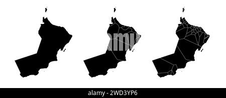 Set of state maps of Oman with regions and municipalities division. Department borders, isolated vector maps on white background. Stock Vector