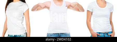 Set of girls in a white singlet and shortsleeved top isolated on white background for your design Stock Photo