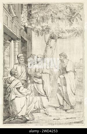 Socrates En Xantippe, Jan Tersteeg, 1765 print Xantippe, the wife of Socrates, throws water over the head of Socrates in her anger from a window, while standing outside with his students. Amsterdam paper etching / drypoint Xanthippe pours water over Socrates' head. dominating wife Stock Photo