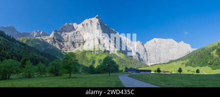 The morning panorama of north walls of Karwendel mountains - walls of Spritzkar spitze and Grubenkar spitze from Enger tall  - Grosser Ahornboden wall Stock Photo