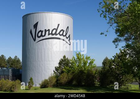 Moscow, ID, USA - May 23, 2023; University of Idaho Vandals name on water tower on blue sky day Stock Photo