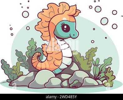 Cute cartoon seahorse on the rock. Vector illustration. Stock Vector
