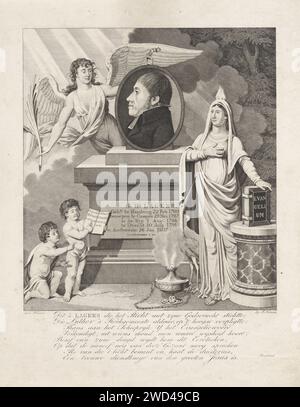 Monument for George Hendrik Laghers, Jan Gerritsz. Visser, 1807 - 1809 print Monument for George Hendrik Laghers, Luther's pastor. On the left the personalized faith or the personification of divine inspiration, with flame on the head and her hand on the gospel. To the left of the portrait an angel with a palm branch. Amsterdam paper etching / engraving Monument, statue (+ variant). Smoking pot as symbol of 'vanity. Faith, 'Faith'; 'Fed ',' Faith Catholic ',' Fed Christian ',' Fed Christian Catholic Church '(Ripa)  One of the Three Theological virtues Stock Photo