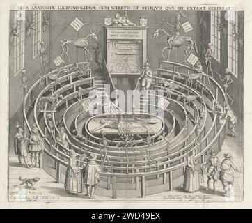 Anatomical Theater from Leiden University, Willem Isaacsz. van Swanenburg, after Jan Cornelisz. van 't Woudt, 1610 print Anatomical theater of the University of Leiden. Various spectators are present in the anatomical lesson. Skelets of people and animals are in the room. Part of a group of four faces from the University of Leiden, later used as an illustration in the supplement of the book by Meursius about Leiden University.  paper engraving / etching university. anatomy lesson university of Leiden Stock Photo