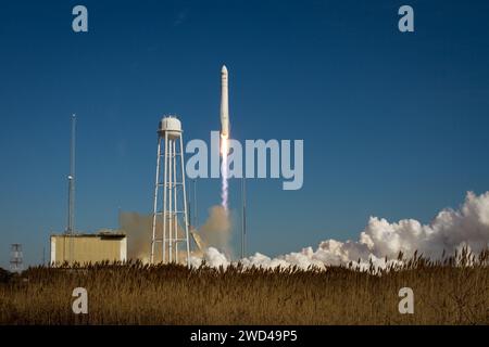 Wallops Island, Virginia, USA. 9th Jan, 2014. An Orbital Sciences Corporation Antares rocket is seen as it launches from Pad-0A at NASA's Wallops Flight Facility, Thursday, January 9, 2014, Wallops Island, VA. Antares is carrying the Cygnus spacecraft on a cargo resupply mission to the International Space Station. The Orbital-1 mission is Orbital Sciences' first contracted cargo delivery flight to the space station for NASA. Cygnus is carrying science experiments, crew provisions, spare parts and other hardware to the space station. (Credit Image: © Bill Ingalls/NASA/ZUMA Press Wire) EDITO Stock Photo