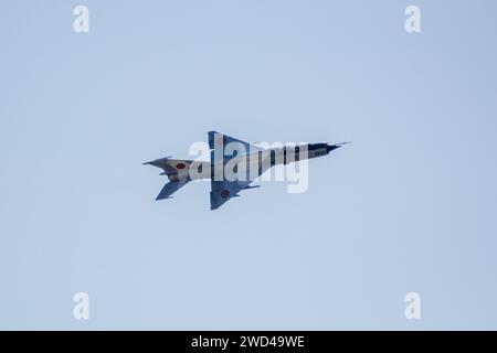 Mig 21 Romanian Air Force (RoAF) MiG-21MF-75 6824. Flying Mikoyan-Gurevich 21 Lancer flying fast. Romania retired this soviet era fighter jet in 2023. Stock Photo