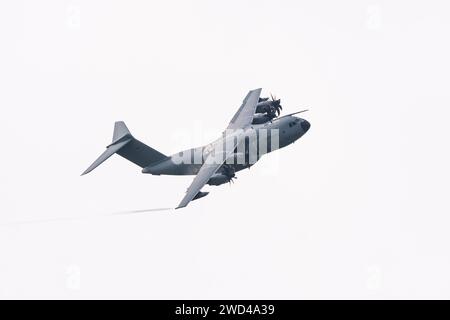 Luftwaffe A400M-180 Atlas airbus (Number 54 28) European four-engine turboprop military transport aircraft. Taking off and flying fast Stock Photo