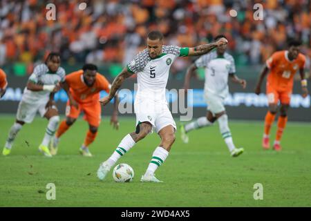 Abidjan, Nigeria. 18 Jan  2024. Ivory Coast vs Nigeria. African Cup of Nations AFCON 2023. William Troost Ekong scores for Nigeria. Victor Modo Stock Photo