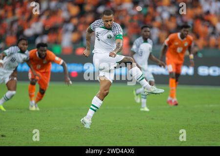 Abidjan, Nigeria. 18 Jan  2024. Ivory Coast vs Nigeria. African Cup of Nations AFCON 2023. William Troost Ekong scores for Nigeria. Victor Modo Stock Photo