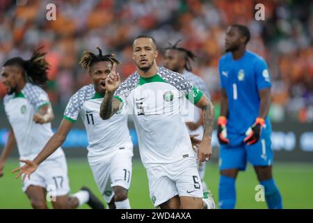 Abidjan, Nigeria. 18 Jan  2024. Ivory Coast vs Nigeria. African Cup of Nations AFCON 2023. William Troost Ekong scores for Nigeria. Victor Modo Stock Photo