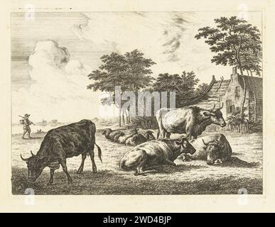 Cows and sheep lying in meadow for farm, Johannes van Cuylenburgh, 1820 print  Netherlands paper etching farm or solitary house in landscape. cow. sheep Stock Photo
