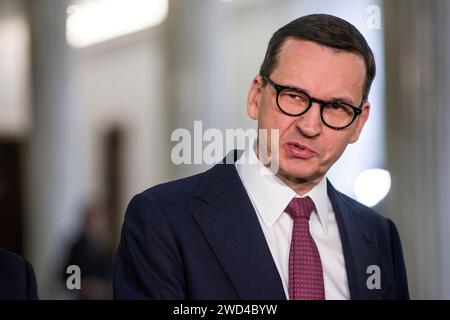 Warsaw, Poland. 18th Jan, 2024. Mateusz Morawiecki, former PM and member of Law and Justice (PiS) party speaks at a press conference at the Sejm - Lower House of Parliament. Continuation of the third session of the Lower House of Polish Parliament (Sejm) of the 10th term. Credit: SOPA Images Limited/Alamy Live News Stock Photo